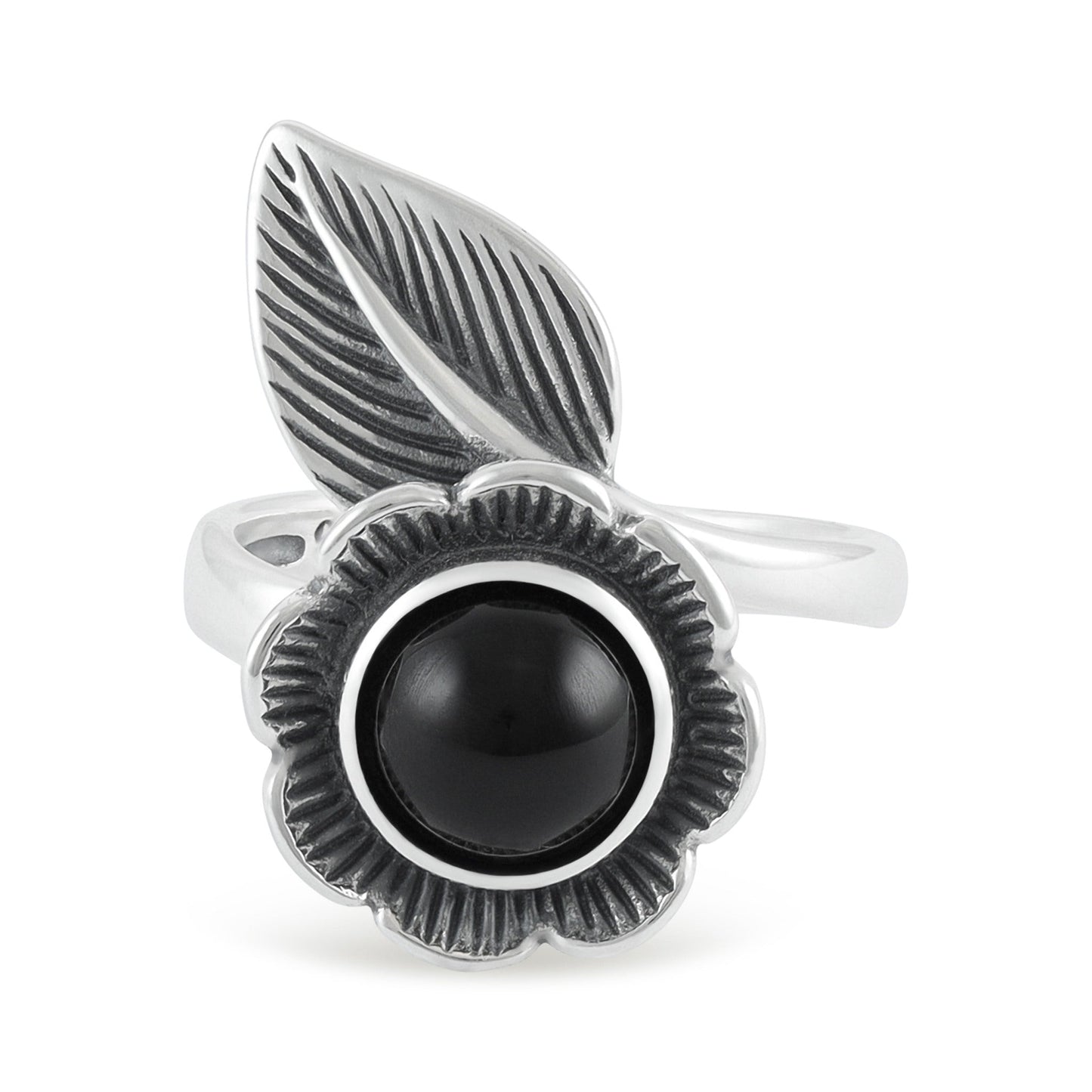 Sterling Silver Flower Black Gemstone Ring - FJewellery