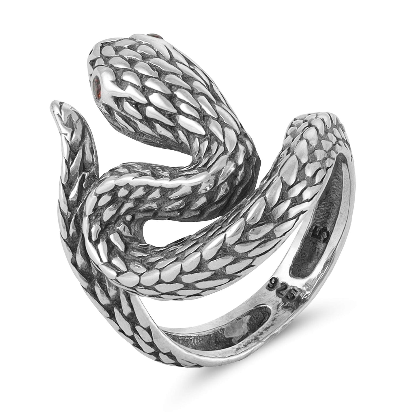 Sterling Silver Red Gemstone Snake Ring - FJewellery