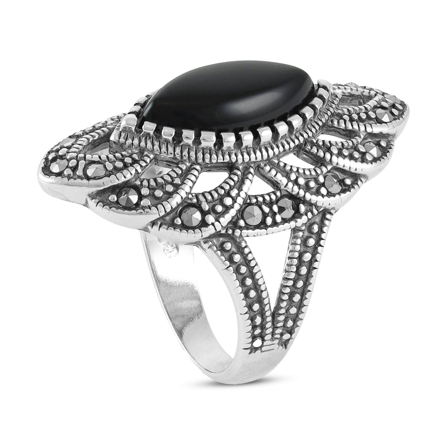 Sterling Silver Vintage Black Gemstone Ring - FJewellery