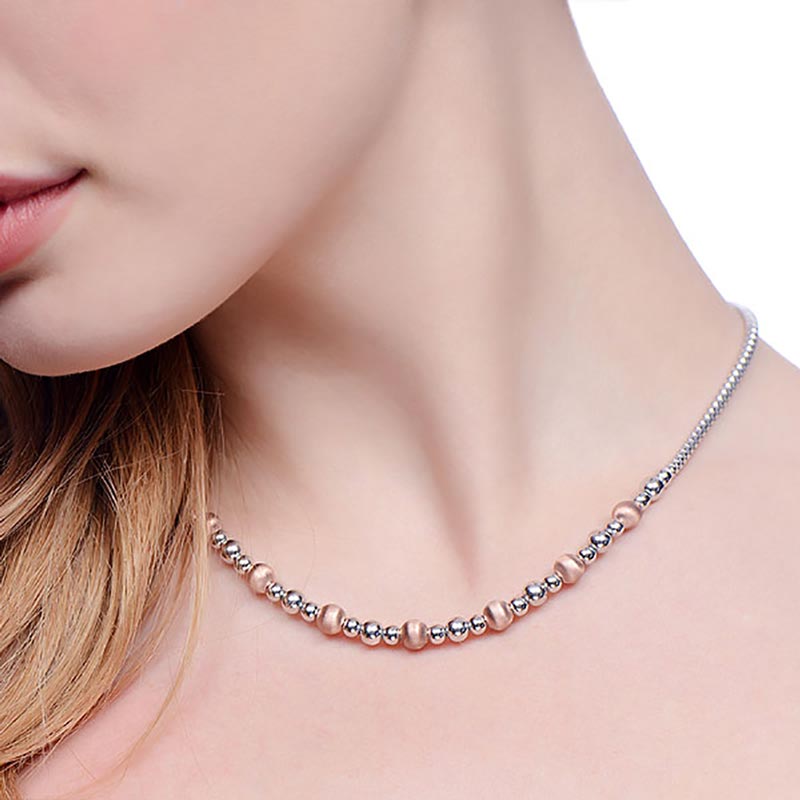 Two Tone 925 Sterling Silver Bead Necklace - 17" - FJewellery