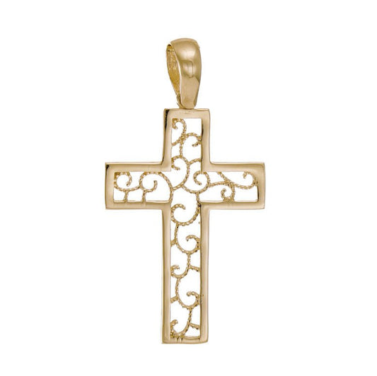 14ct Gold Floral Design Cross Pendant - 35mm - FJewellery