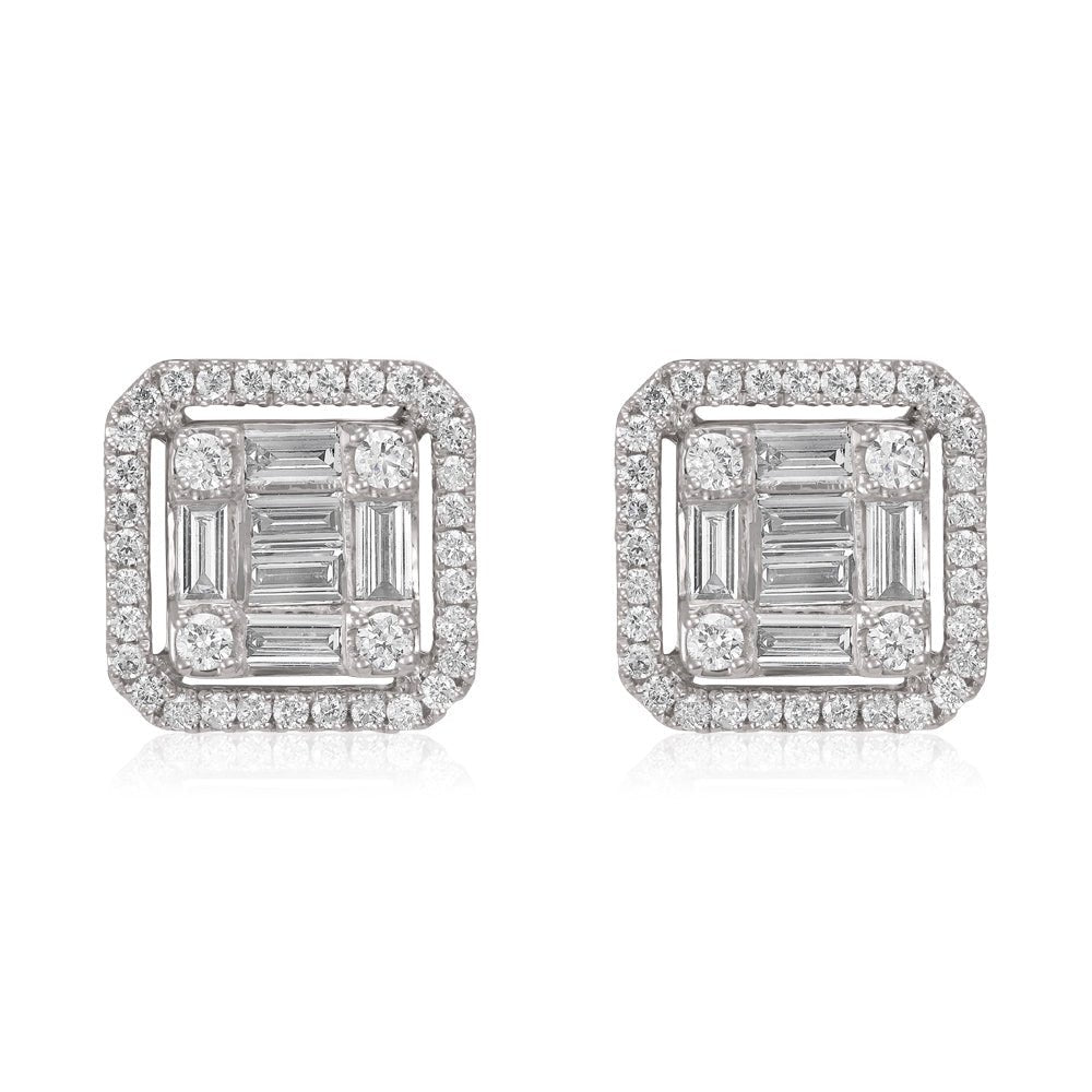 18ct White Gold 0.90ct Round And Baguette Diamond Studs - FJewellery