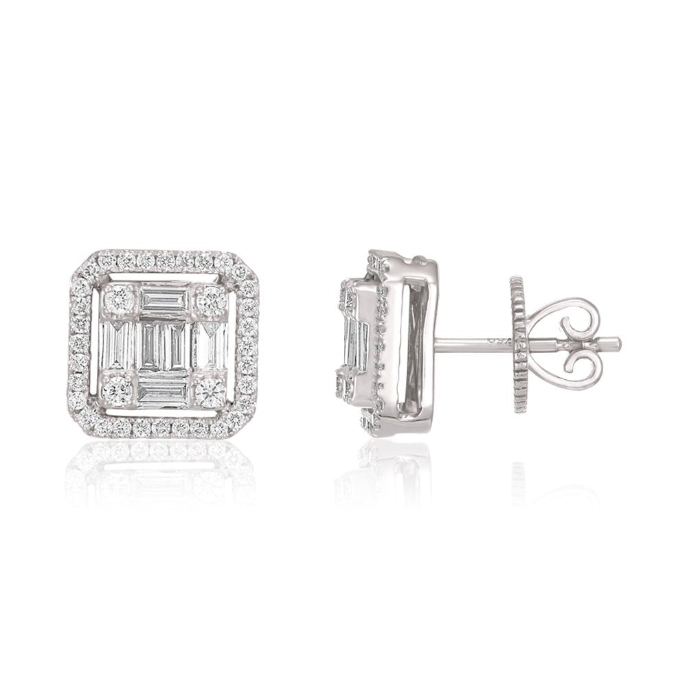 18ct White Gold 0.90ct Round And Baguette Diamond Studs - FJewellery