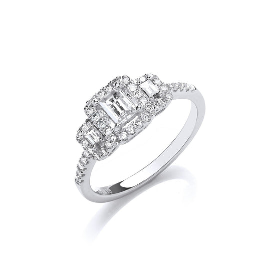 18ct White Gold Emerald Cut 0.75ct Halo style Trilogy Ring - FJewellery