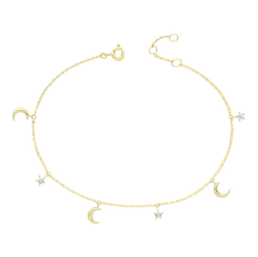 9 Carat Yellow Gold CZ Star and Moon Bracelet - 7 Inches - FJewellery