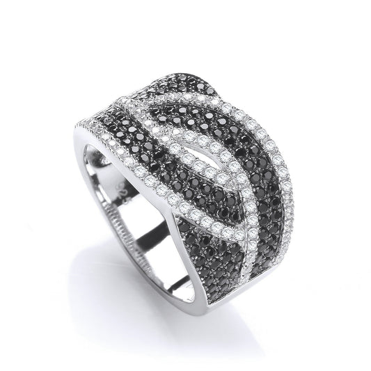 925 Sterling Silver & Black CZ Cross Over Ring - FJewellery