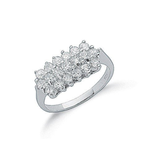 925 Sterling Silver Claw Set Cz 3 Row Cluster Ring - FJewellery