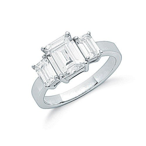 925 Sterling Silver Claw Set Emerald Cut Cz Trilogy Ring - FJewellery