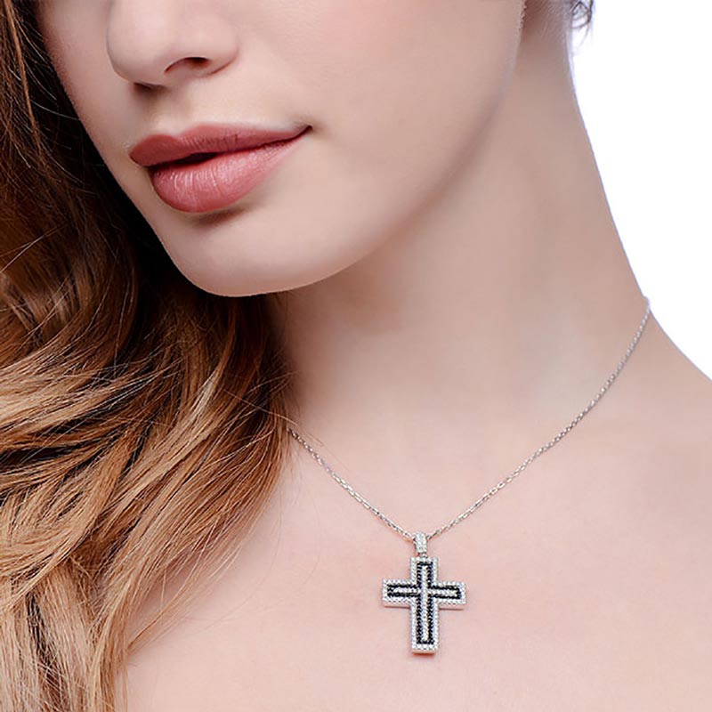 925 Sterling Silver Cross Set With Black And White Stones -18" - FJewellery