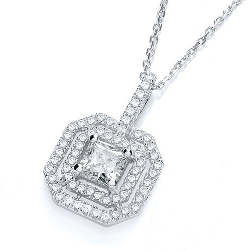 925 Sterling Silver Double Halo CZ Necklace - FJewellery