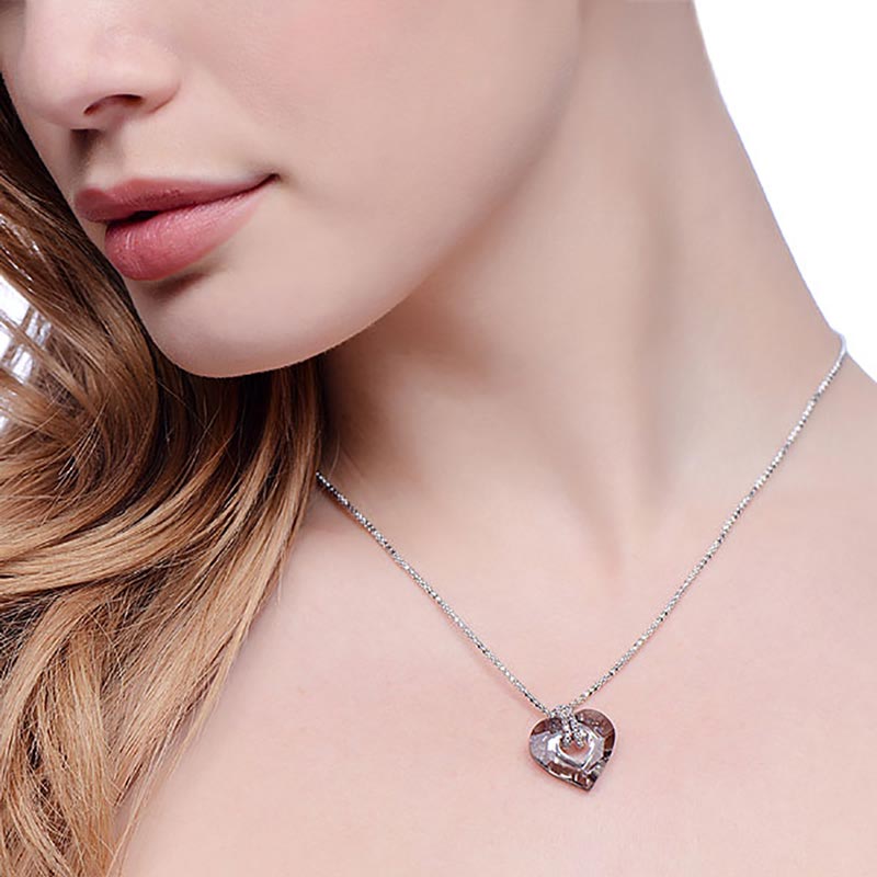 925 Sterling Silver Drop Pendant Necklace Featuring A Swarovski Heart Shape Crystal - FJewellery