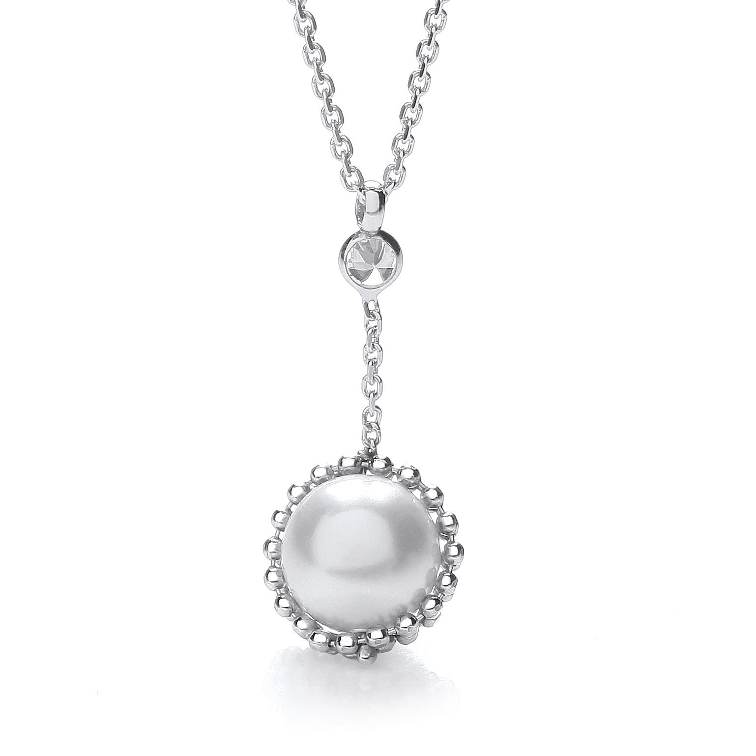 925 Sterling Silver Drop Pendant Necklace Set With Swarovski Pearl 17" - FJewellery