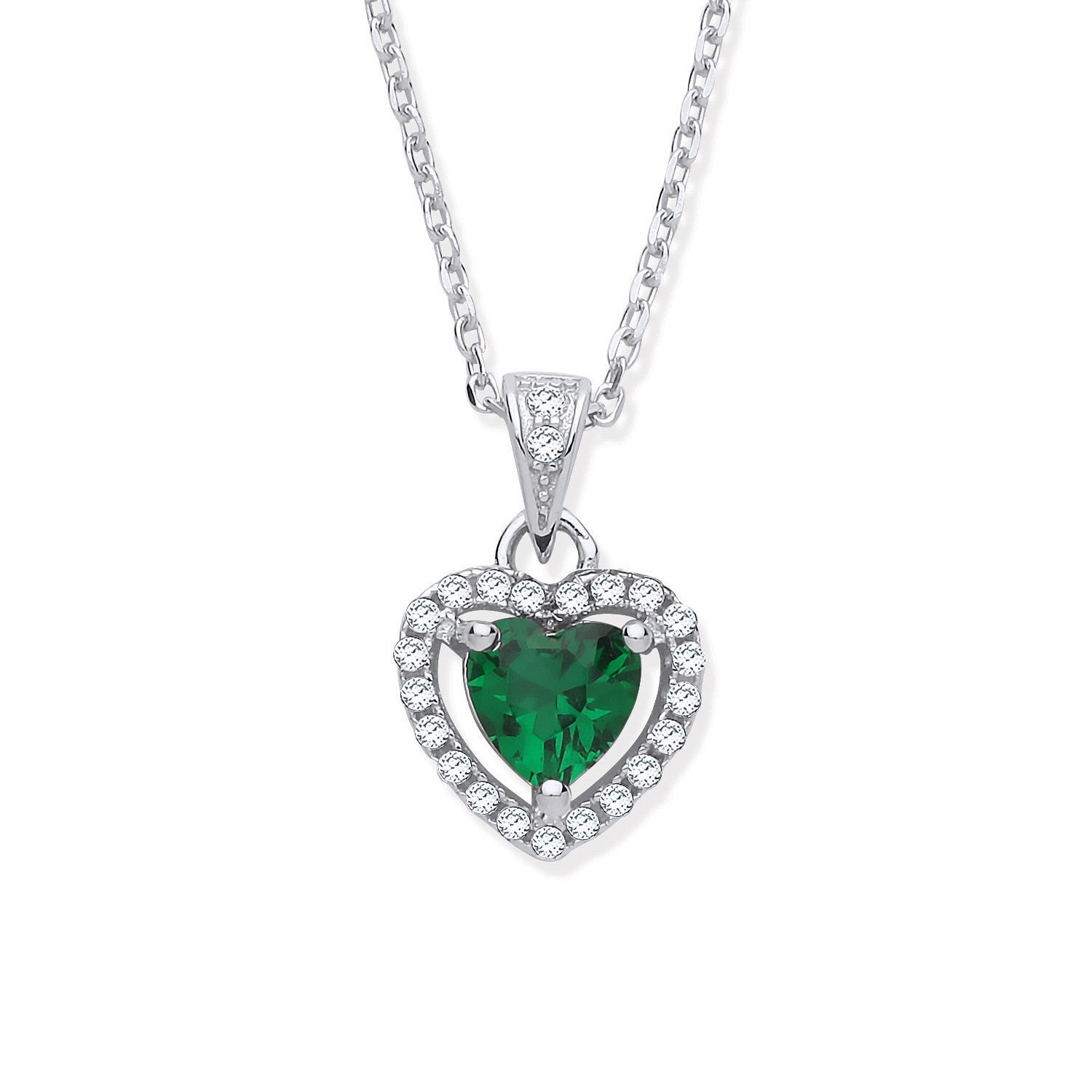 925 Sterling Silver Green CZ Halo Heart Pendant Necklace - FJewellery