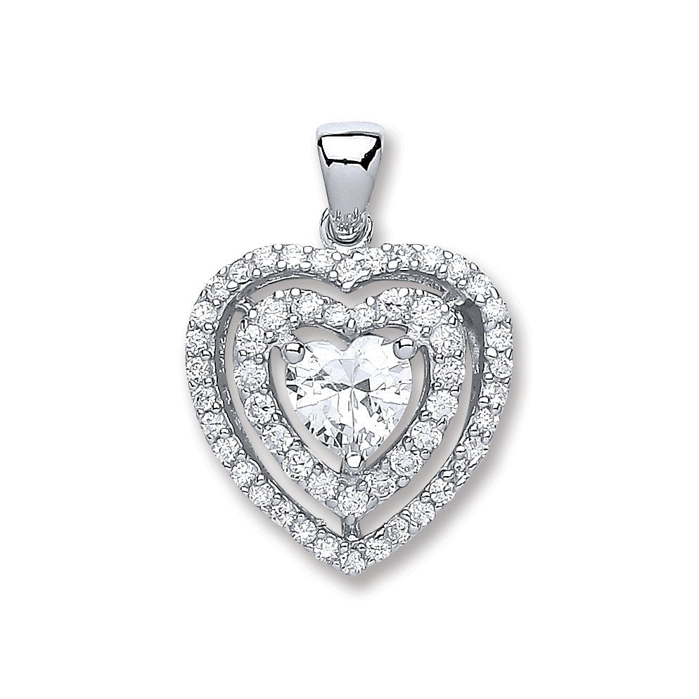 925 Sterling Silver Heart Cz with Two Row of Cz's Pendant - FJewellery