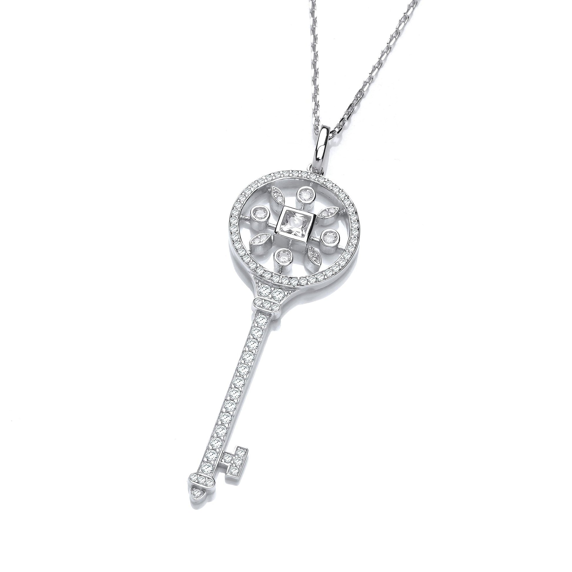 925 Sterling Silver Key Necklace Set With CZs - FJewellery