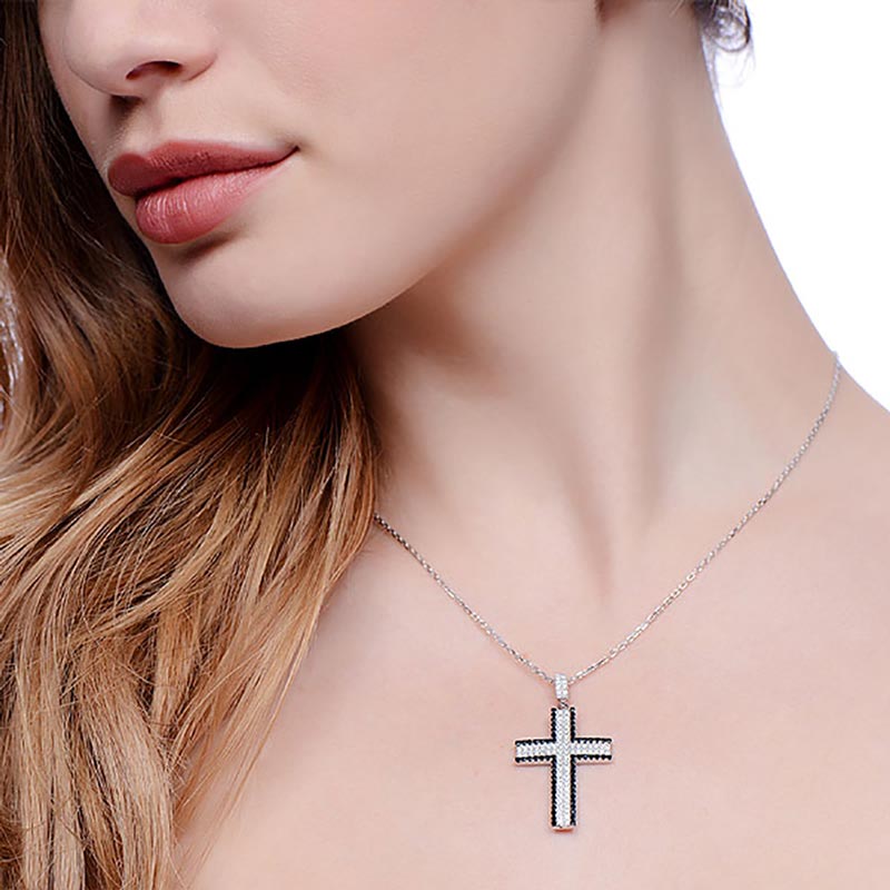 925 Sterling Silver Prong Set Cubic zirconia Cross -18" - FJewellery