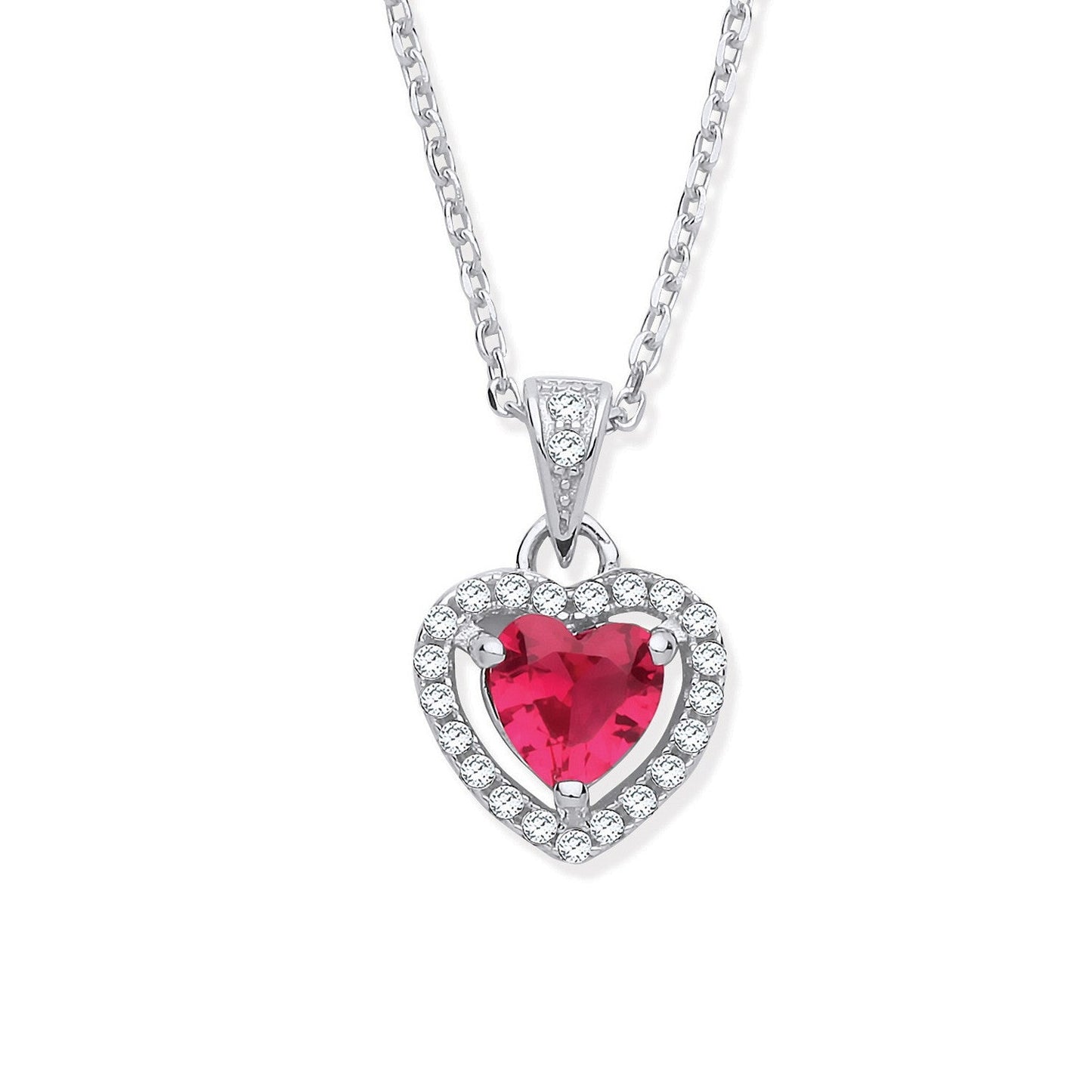 925 Sterling Silver Red CZ Halo Heart Pendant Necklace - FJewellery