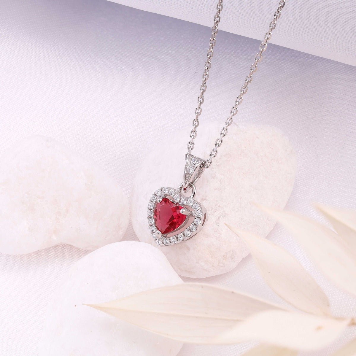 925 Sterling Silver Red CZ Halo Heart Pendant Necklace - FJewellery