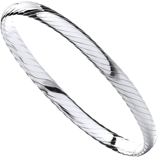 925 Sterling Silver Ribbed Ladies Hinged Bangle - FJewellery