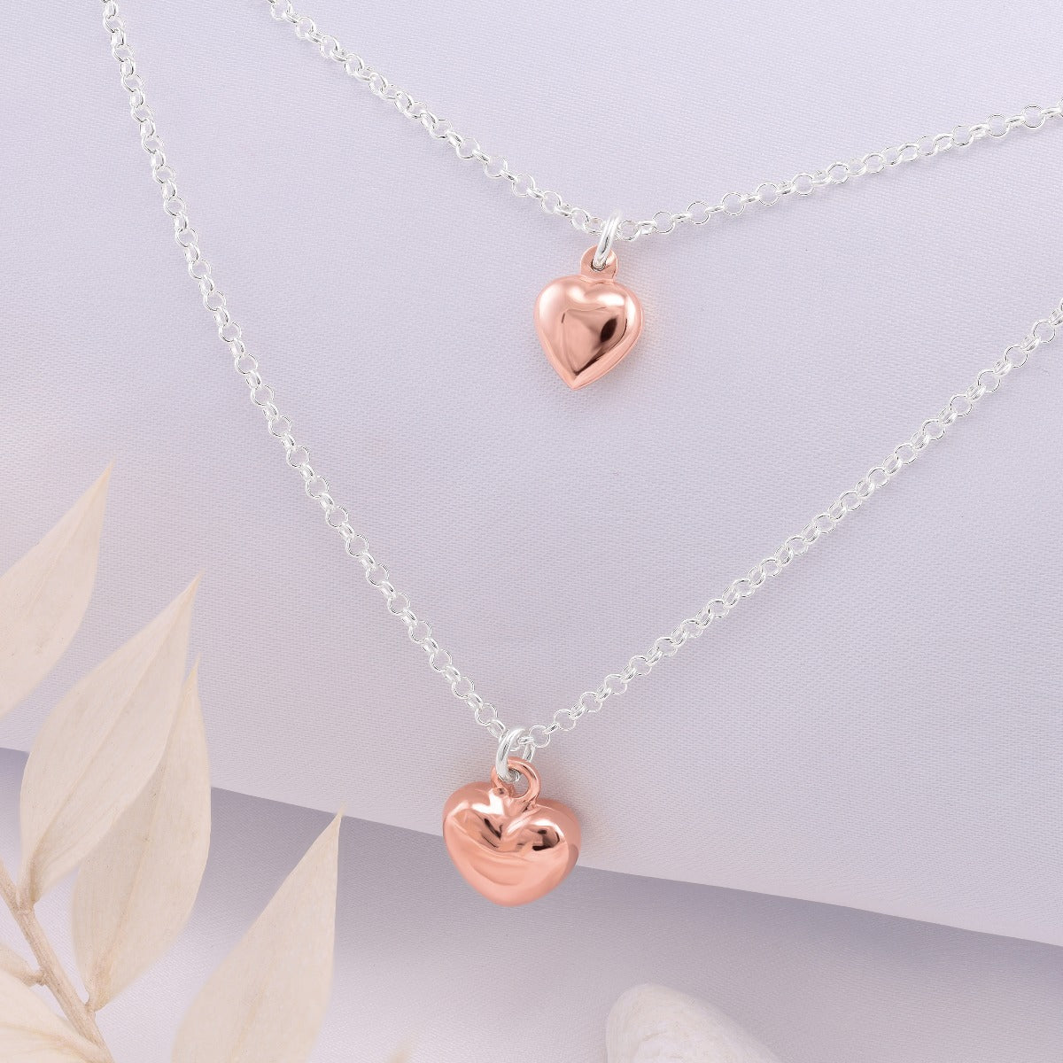 925 Sterling Silver & Rose Gold Hearts Necklace 16"+ 2" - FJewellery