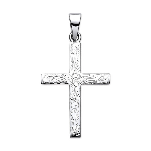 925 Sterling Silver Solid Cross with Design and Plain Back - FJewellery