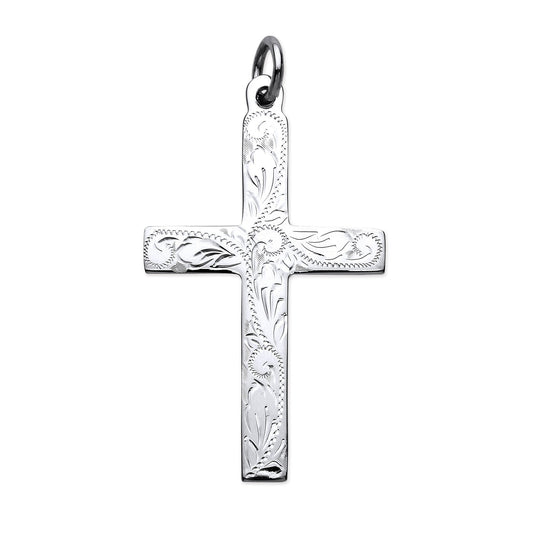 925 Sterling Silver Solid Large Cross with Design and Plain Back - FJewellery
