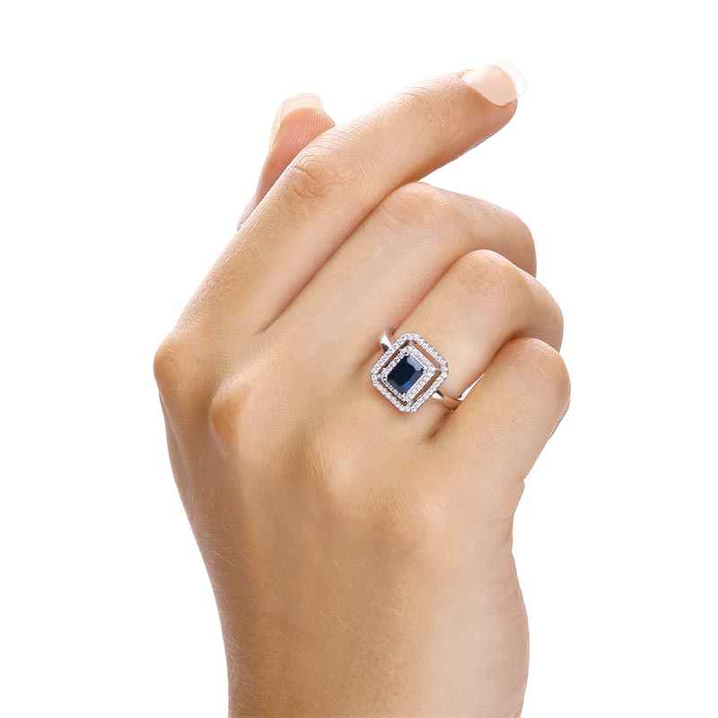925 Sterling Silver Square Blue CZ Cluster Ring - FJewellery