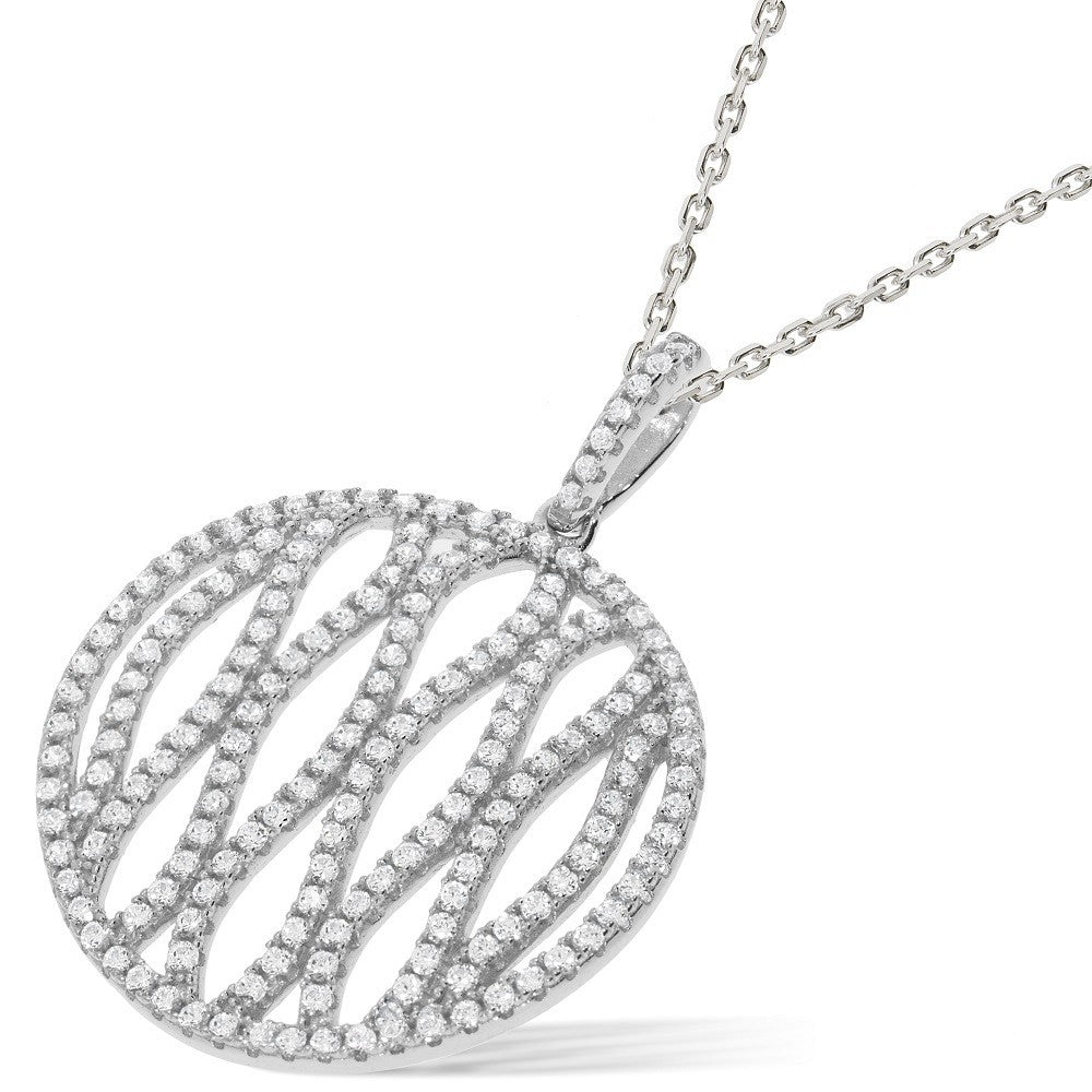 925 Sterling Silver Striped Circle Necklace Set With CZs - FJewellery