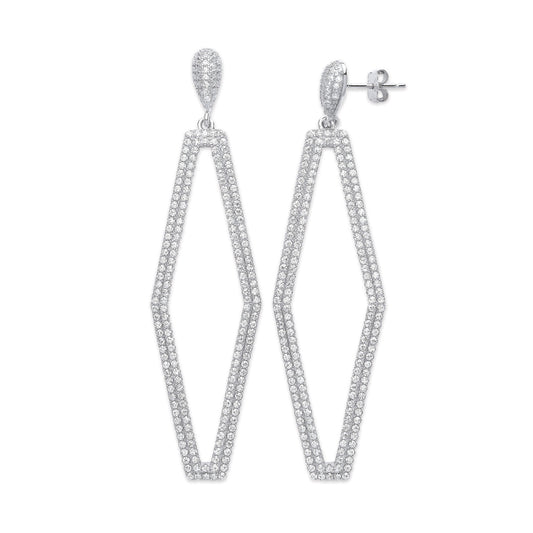 925 Sterling Silver Two Rows Diamond Shape Cz Drop Earrings - FJewellery