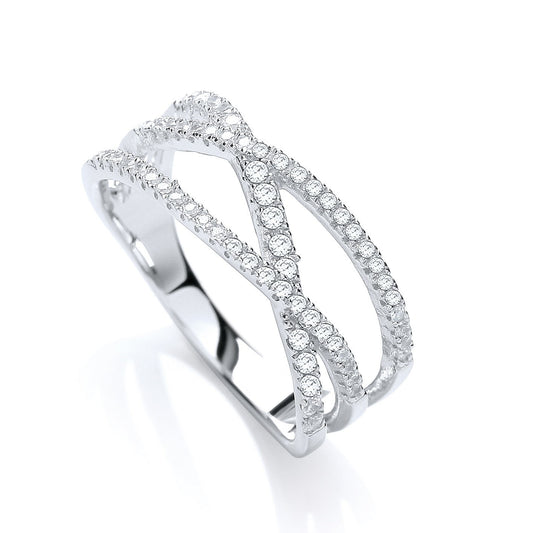 925 Sterling Silver & White CZ Crossover Ring - FJewellery