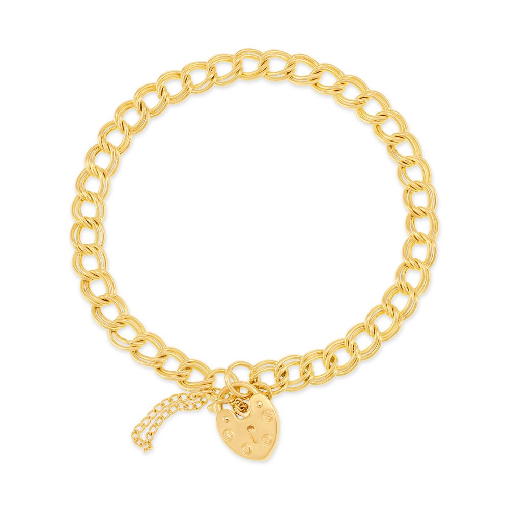 9ct gold double curb link bracelet with a heart shape padlock charm - FJewellery