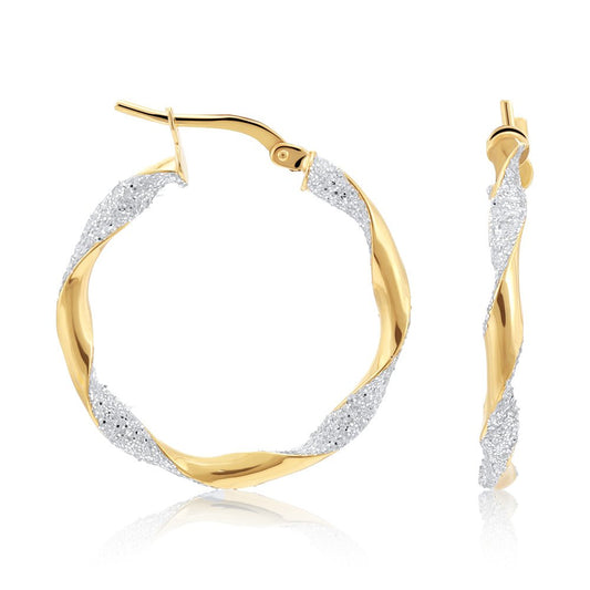9ct Gold Glitter Finish Twisted Hoop Earrings 25mm - FJewellery