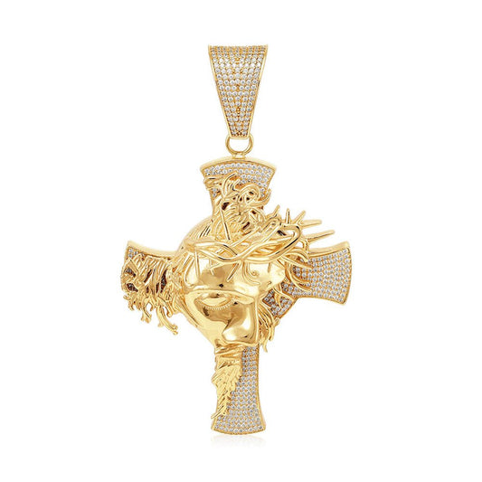 9ct Gold Jesus Head Cubic Zirconia Cross - FJewellery