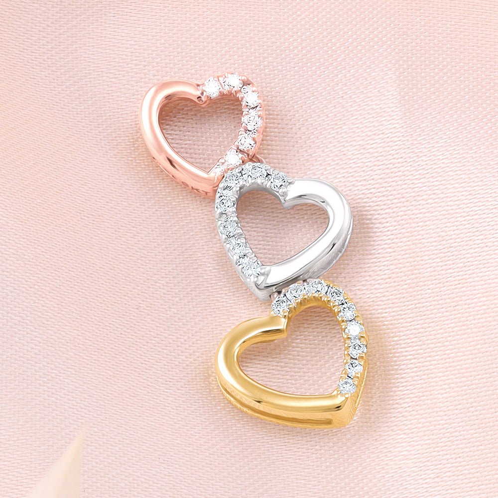 9ct Three Colour Gold 0.15ct Diamond Heart Drop Pendant - FJewellery