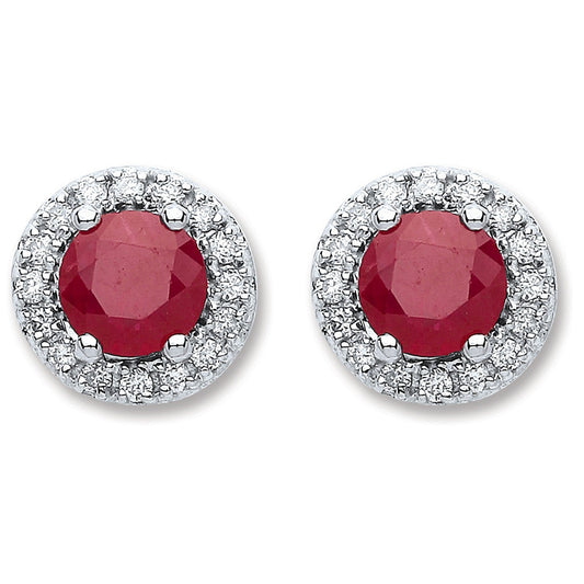 9ct White Gold Diamond Ruby Stud Earrings - FJewellery