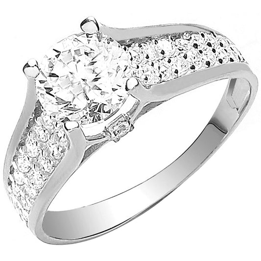 9ct White Gold Ladies Single Stone Two Row Cz Shoulder Ring - FJewellery