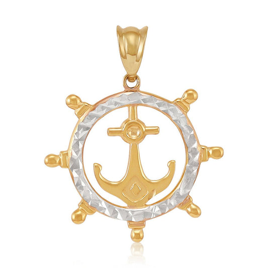 9ct yellow and white gold Anchor In Ship Wheel Pendant - FJewellery