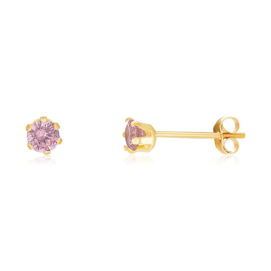 9ct Yellow Gold 3mm Claw Set Pink Cz Studs - FJewellery