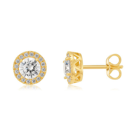 9ct Yellow Gold 8mm Round CZ Halo Stud Earrings - FJewellery
