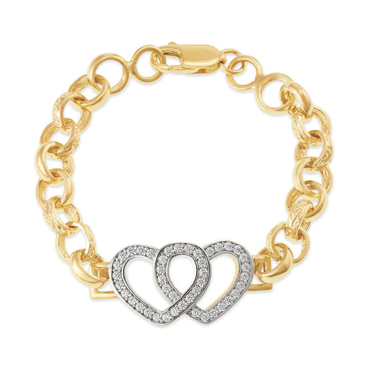 9ct Yellow Gold Belcher Links Cz Hearts Baby Bracelet - FJewellery