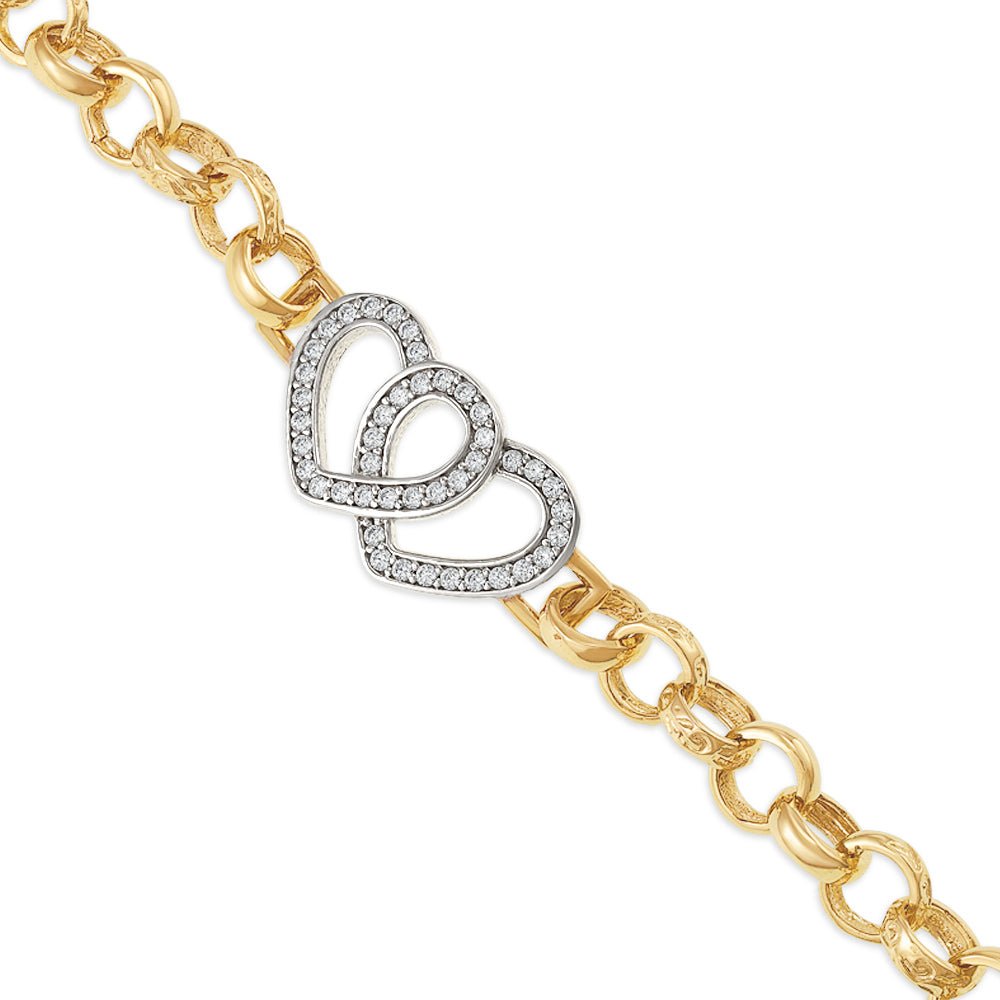 9ct Yellow Gold Belcher Links Cz Hearts Baby Bracelet - FJewellery