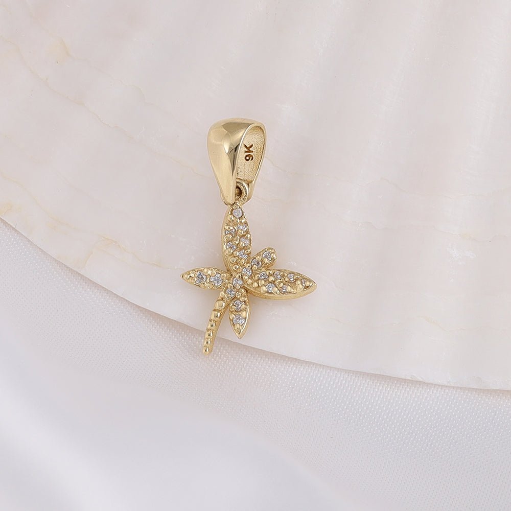9ct yellow gold cubic zirconia Dragonfly Pendants PD60-9-46-10 - FJewellery