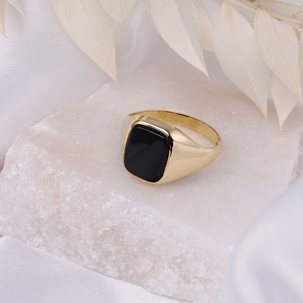 9ct Yellow Gold Cushion Black Onyx Signet Ring - Size T - FJewellery