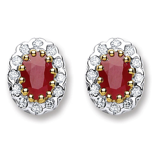 9ct Yellow Gold Diamond And Ruby Oval Studs - FJewellery