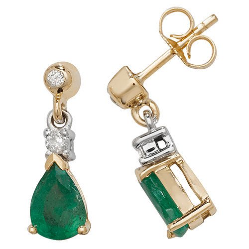 9ct Yellow Gold Emerald Drop Earrings - FJewellery