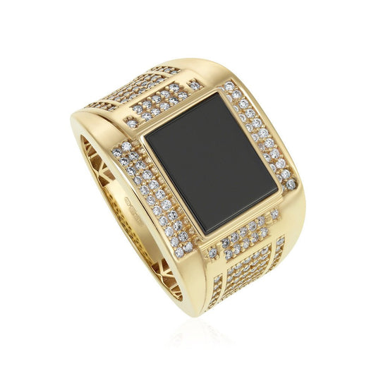 9ct Yellow Gold ONYX & CZ Square Gents Ring DSHR0695 - FJewellery