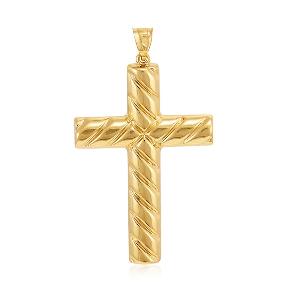9ct yellow & white Gold Large Hollow Tube Ribbed Cross - FJewellery