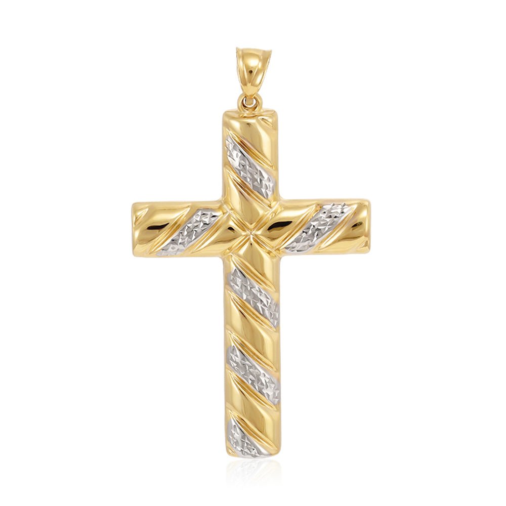 9ct yellow & white Gold Large Hollow Tube Ribbed Cross - FJewellery