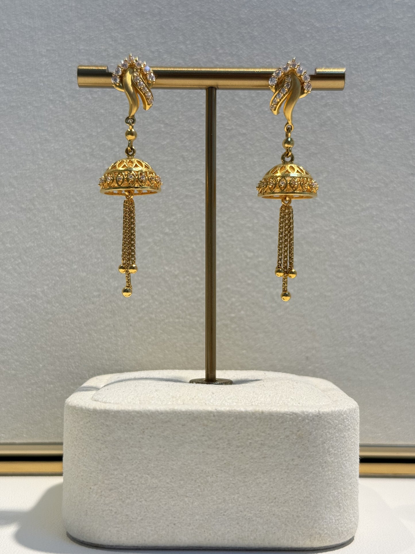 22ct Gold Jhumka Drop Earrings with Clear Stone Detail