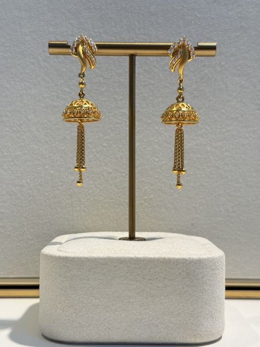 22ct Gold Jhumka Drop Earrings with Clear Stone Detail